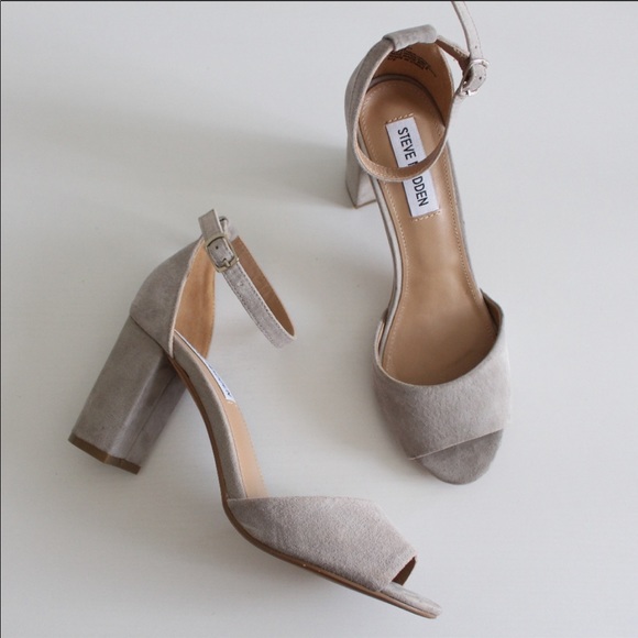 gray suede block heel sandal